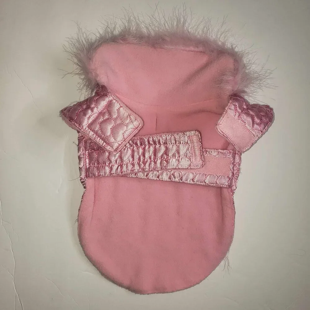 Simply Dog Pink Satin Heart Quilted Jacket with Faux Fur Collar Size Small